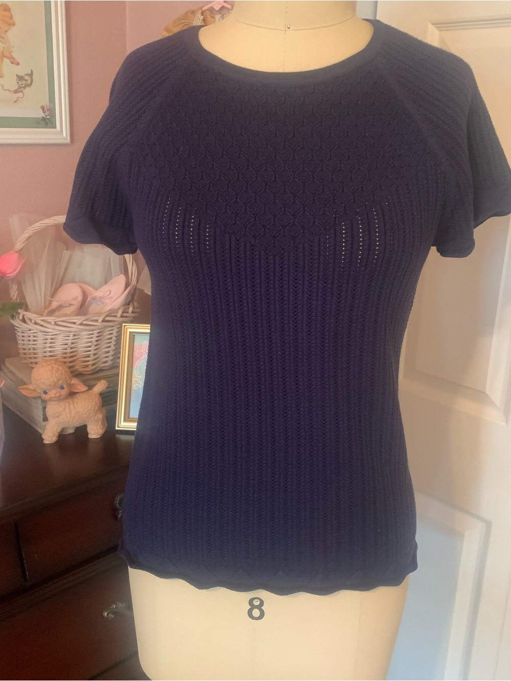 ELIE TAHARI Sweet Navy Short-Sleeve Knit Top with Textured Yoke